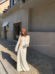 SY韩国新款 设计感V领针织纯色套头毛衣高腰显瘦半身气质长裙 时尚