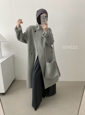 SY韩系新款时尚设计感双排扣气质立领双面羊绒大衣高品质带包包女