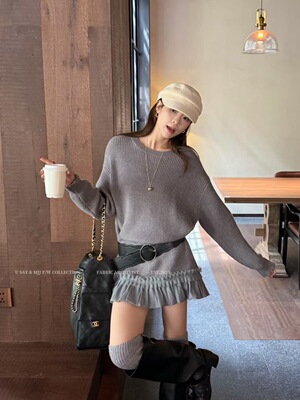 SY韩国新款圆领长袖针织连衣裙女下摆花边褶皱设计发的毛衣裙潮