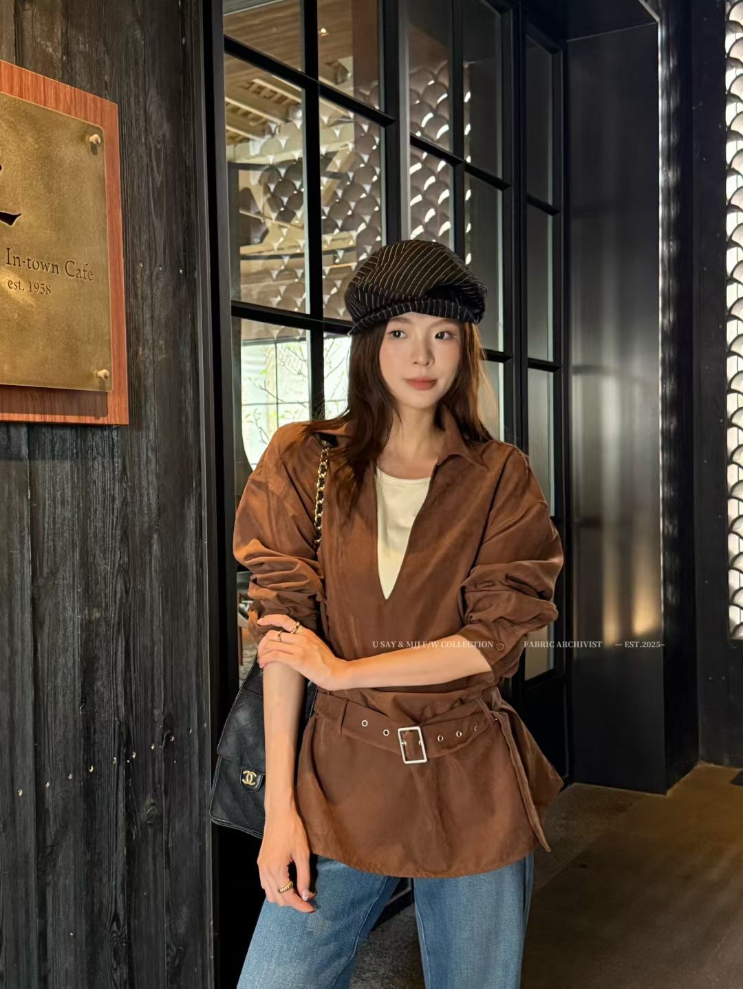 SY韩国新款时尚设计感翻领假两件简约百搭衬衫绑带洋气上衣打底衫