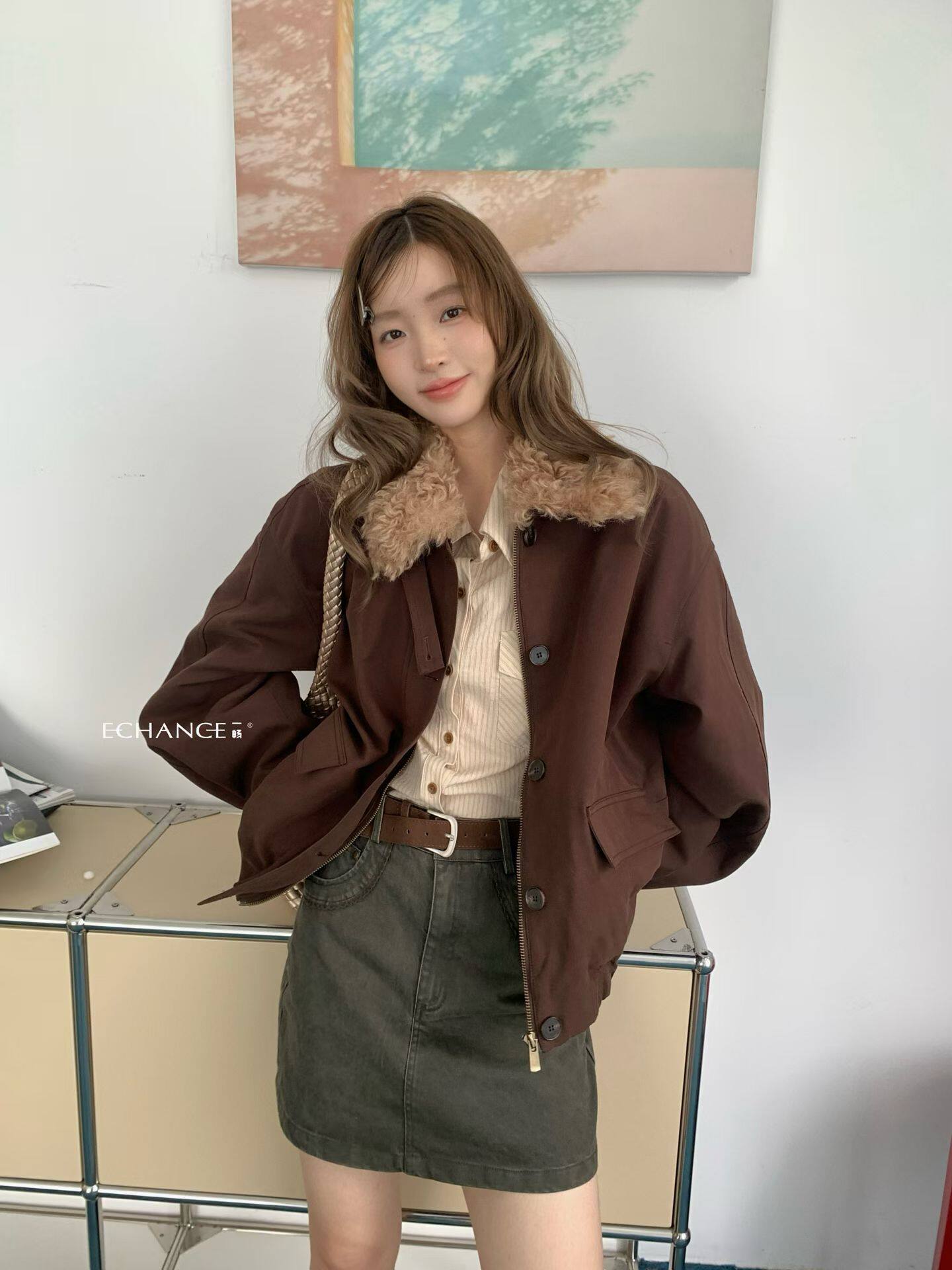 韩系新款时尚高品质翻领拼毛领休闲短款夹克棉服外套小个子大衣女