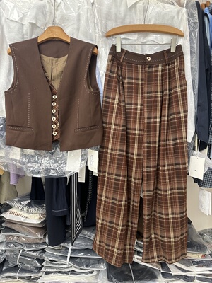 SY欧洲站新款时尚设计感格子拼接马甲休息直筒长裤气质两件套套装