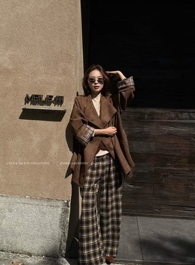 SY韩国新款时尚设计感翻领宽松休闲鹿皮绒拼格子袖风衣外套带包包