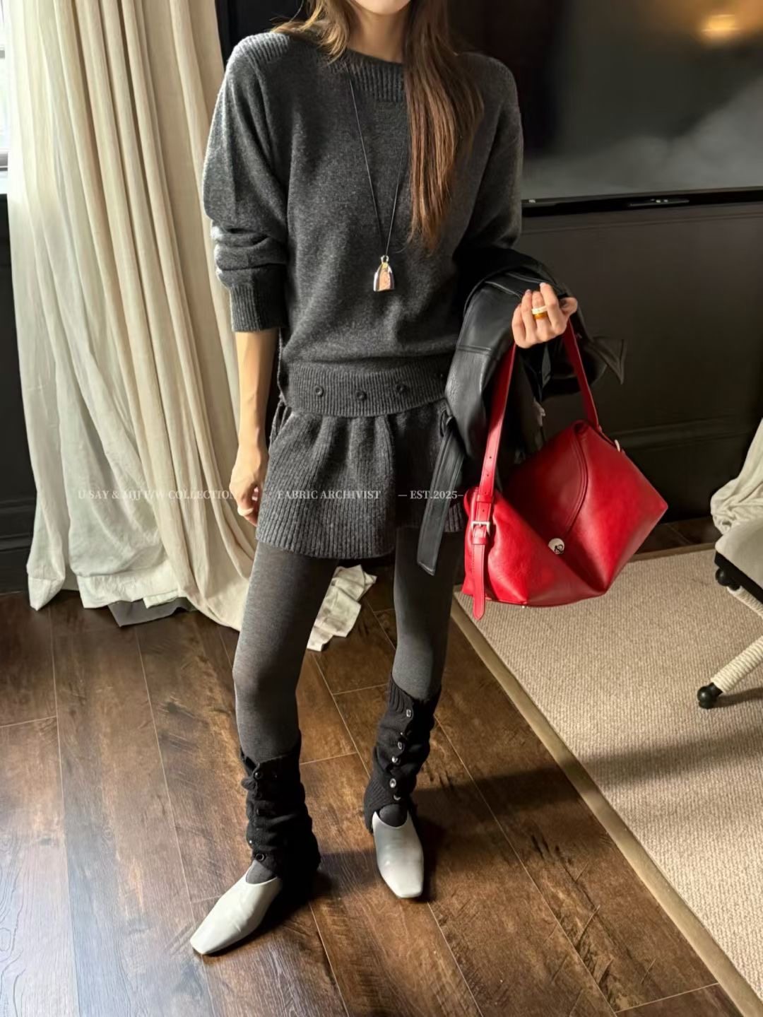 SY韩系新款时尚设计感小众一字肩针织下摆可拆卸屁帘短裙打底上衣