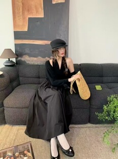 SY韩系新款时尚高品质V领收腰显瘦连衣裙女搭配披肩开衫长裙套装