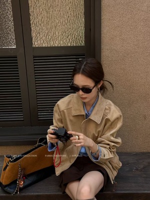 SY韩国新款时尚设计感翻领宽松显瘦小个子短款麂皮绒夹克外套潮