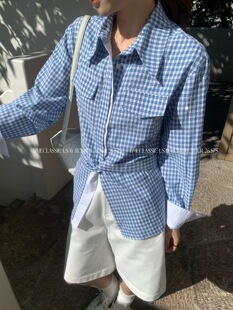 SY韩系新款时尚高品质翻领格子单色设计感后绑带长袖精致衬衫女