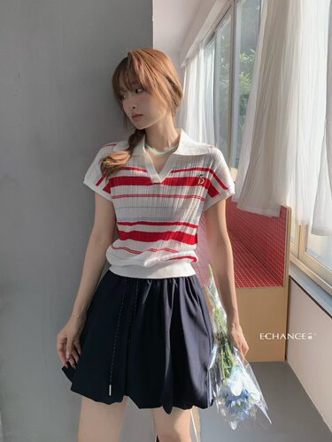 SY韩系新款时尚高品质撞色条纹polo领短袖针织T恤甜美上衣女