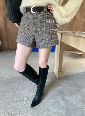 SY韩系新款时尚设计感小众高品质高腰显瘦格子休闲裤百搭短裤女潮