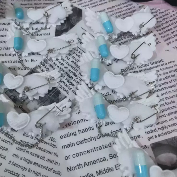 nah手作天使翅膀蓝色胶囊发夹边夹药丸日系Y2K亚文化发饰爱心