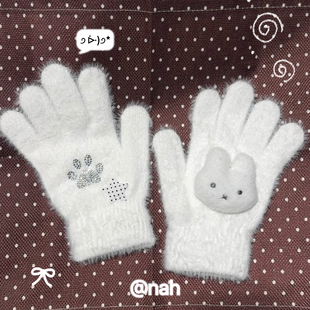 nah原创手作秋冬新款 米菲兔子烫钻猫爪星星毛绒手套亚文化少女y2k