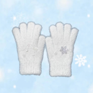 nah小雪人原创甜美可爱冬季 雪花星星保暖百搭白色仿水貂毛手套Y2K