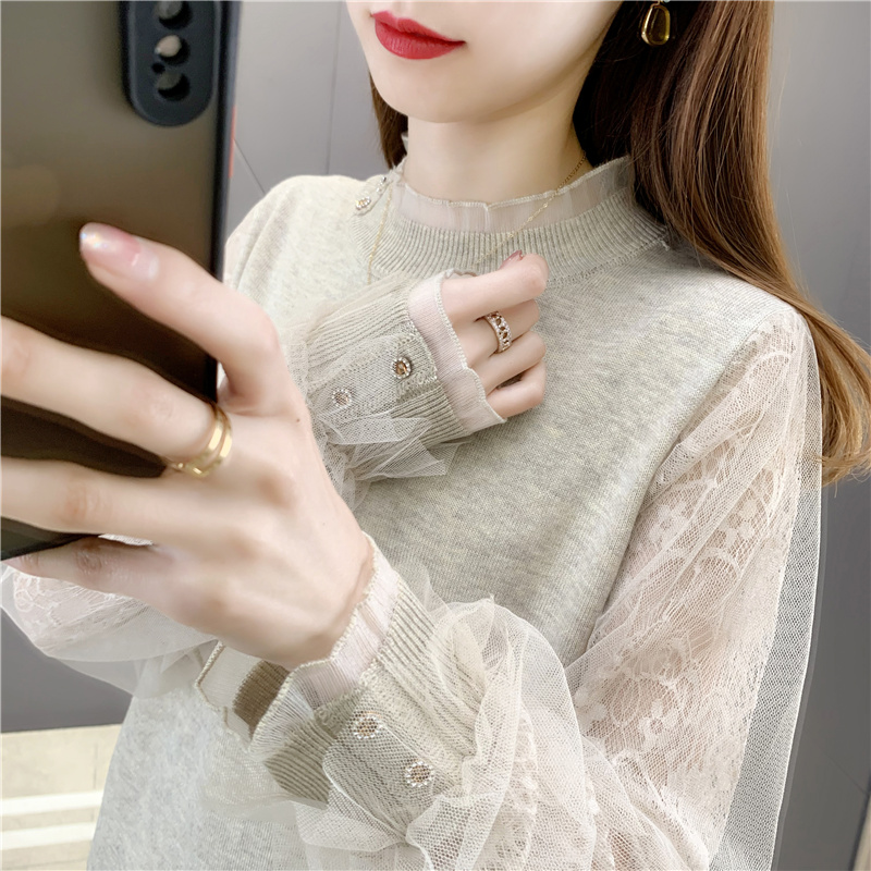 2023春季新款女士毛衣针织打底衫蕾丝袖薄款纯色内搭上衣宽松洋气