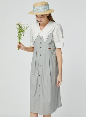 Famecoco折扣店文艺简约设计感背带裙宽松长款吊带裙FAB3FE004