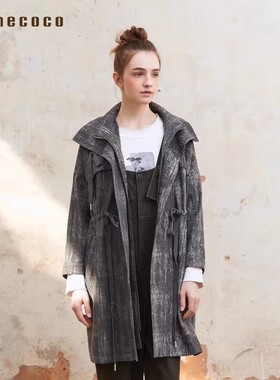 Famecoco范可儿时尚刷色宽松休闲连帽风衣外套中长款FAC1AA006