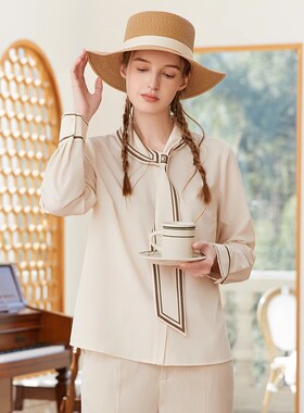 Famecoco折扣店优雅通勤撞色飘带领衬衫垂感直筒衬衣FAB1BH010