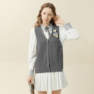 Famecoco范可儿学院风套裙短款 裙针织马甲两件套F218EA006 衬衫