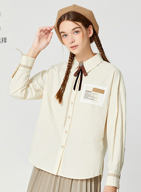 Famecoco折扣店简约百搭翻领纯棉白衬衣学院风长袖衬衫F225BH013