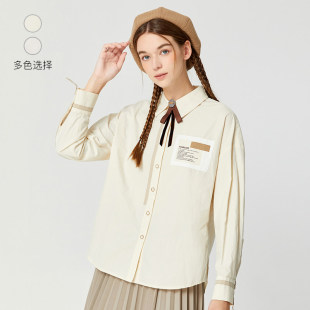 Famecoco折扣店简约百搭翻领纯棉白衬衣学院风长袖 F225BH013 衬衫