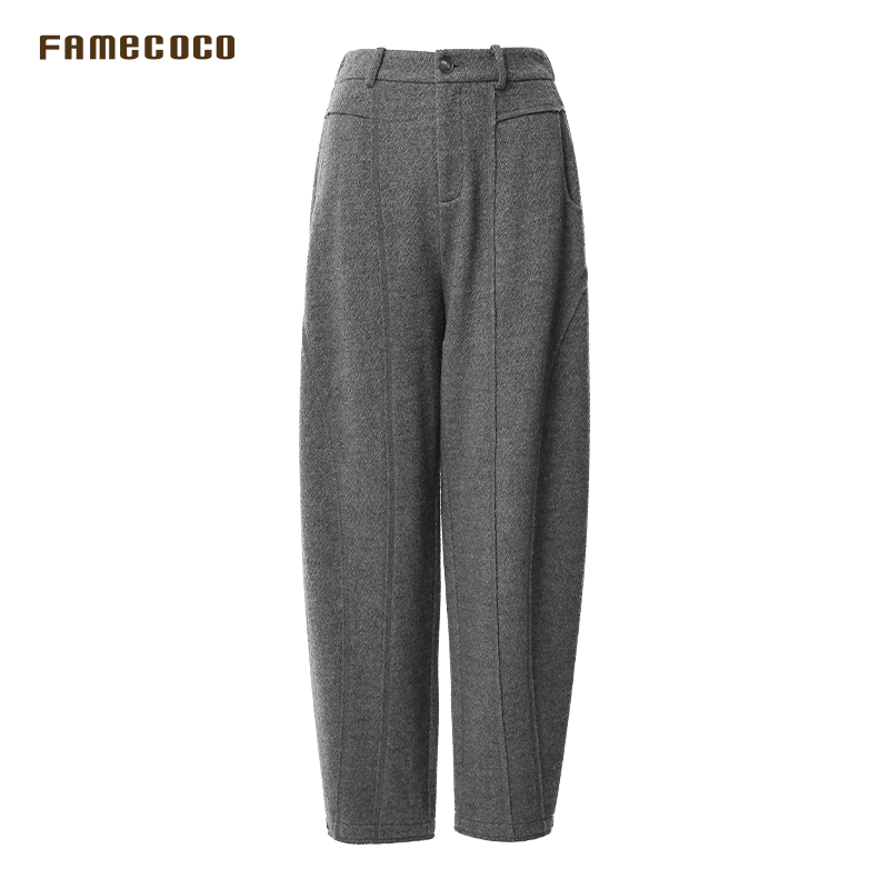 Famecoco范可儿百搭毛呢弯刀裤宽松简约保暖羊毛休闲裤FAB8GA010