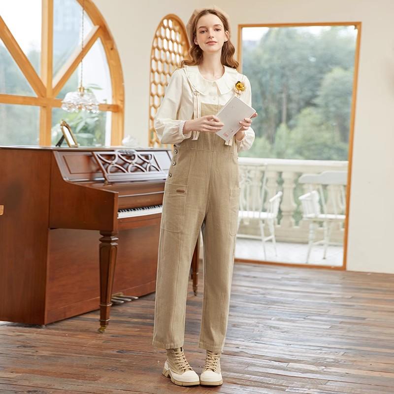 Famecoco折扣店100%棉工装风直筒背带裤宽松减龄休闲裤FAB1GF001