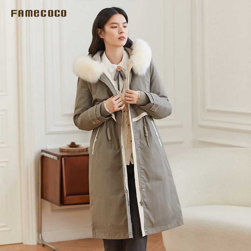 连帽大毛领防风派克服长款羽绒服