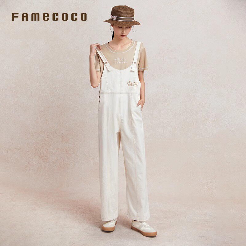 Famecoco文艺刺绣减龄宽松背带裤百搭薄款纯棉直筒长裤FAC3GF002