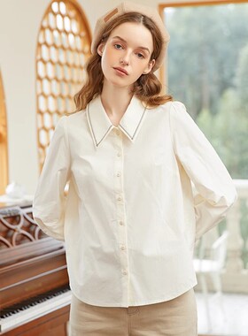 Famecoco折扣店气质优雅刺绣翻领衬衫宽松泡泡袖衬衣FAB1BH013