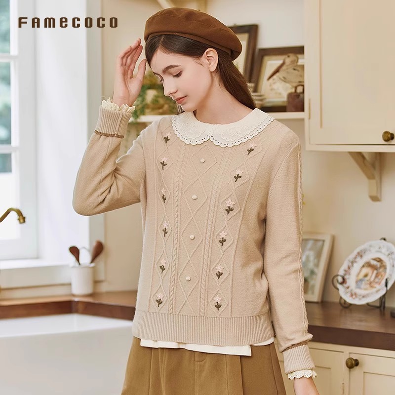 复古绞花刺绣套头毛衣显瘦针织衫