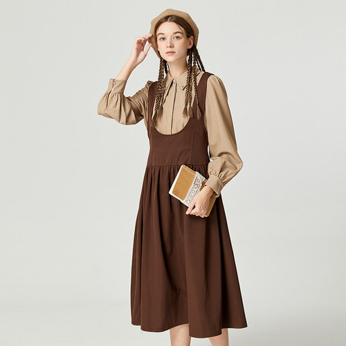 Famecoco折扣店学院风套裙双层领衬衫减龄背带裙两件套D221EA302