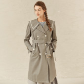 Famecoco折扣店文艺宽松披肩领双排扣风衣外套中长款 F221AT003