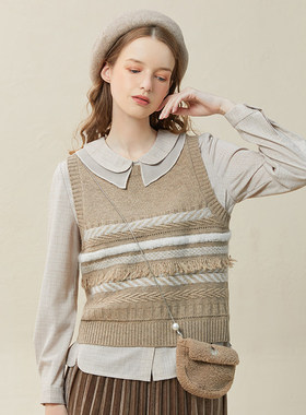 Famecoco折扣店短款圆领羊毛马甲流苏条纹直筒针织背心F228CA019