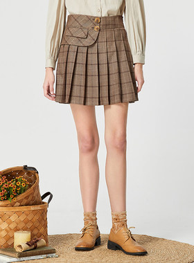 Famecoco范可儿学院风格纹百褶裙减龄短裙高腰显瘦A字裙F225HA017