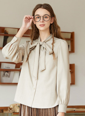 Famecoco折扣店优雅通勤系带领衬衫设计感直筒显瘦衬衣F228BA005