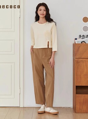 Famecoco折扣店短款收腰圆领T恤纯棉七分袖上衣打底衫FAB6BB003