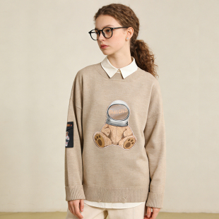 Famecoco折扣店休闲卡通小熊印花圆领卫衣宽松针织衫 F221DB007