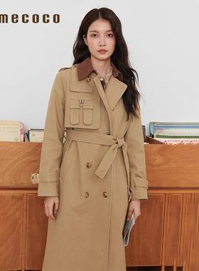 Famecoco折扣店复古撞色翻领长款风衣直筒显瘦收腰外套FAB6AT005