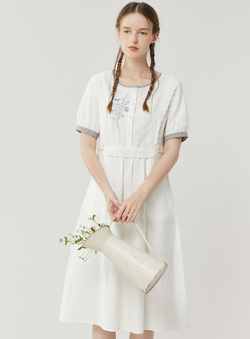 Famecoco折扣店文艺刺绣花边连衣裙收腰显瘦天丝棉长裙FAB3FA001