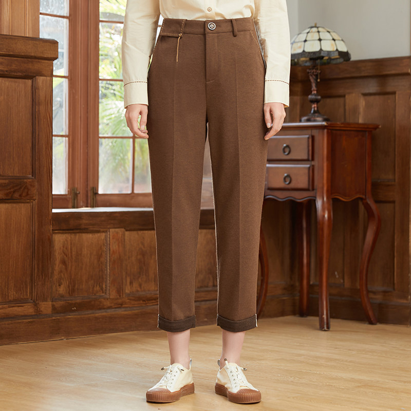 Famecoco折扣店高腰直筒休闲裤磨毛加厚长裤显瘦百搭F228GA003