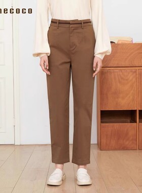 Famecoco范可儿时尚织带刺绣高腰直筒裤显瘦纯棉休闲裤FAB6GA016