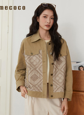 Famecoco折扣店时尚印花翻领夹克宽松休闲短款牛仔外套FAB6AB002