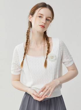 Famecoco折扣店温柔气质方领短袖针织衫正肩显瘦短款T恤FAB3DB004