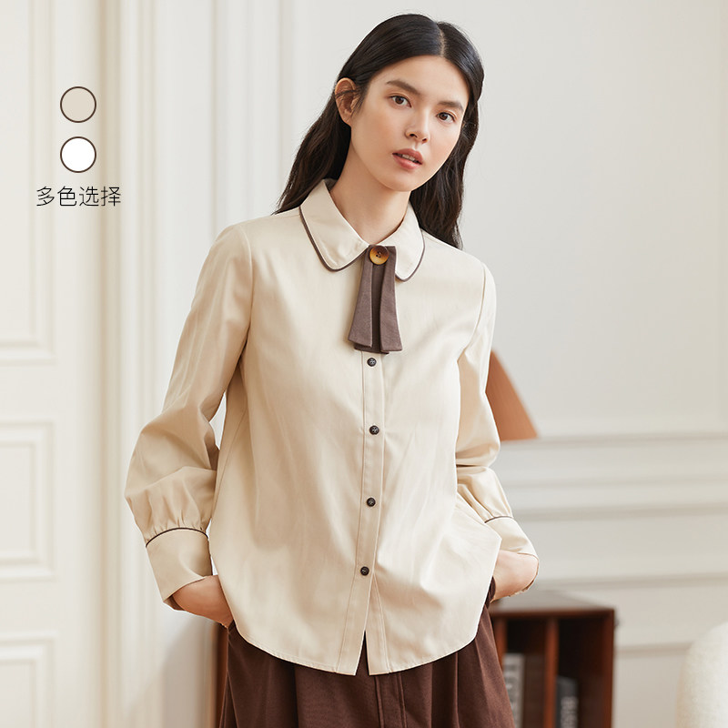 Famecoco折扣店法式优雅撞色翻领衬衫密丝绒衬衣带领结F228BH003