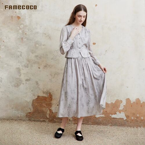Famecoco文艺植物提花印染A字裙优雅气质显瘦半身裙FAC1HA030