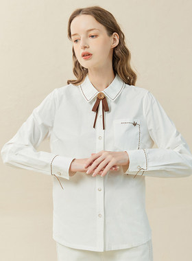 Famecoco折扣店舒适洗水棉纯色翻领衬衫明线刺绣衬衣F228BH006