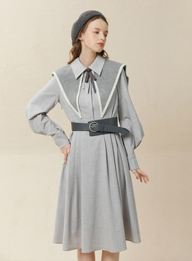 Famecoco折扣店气质披肩领衬衫裙收腰显瘦A字长袖连衣裙F228FA010