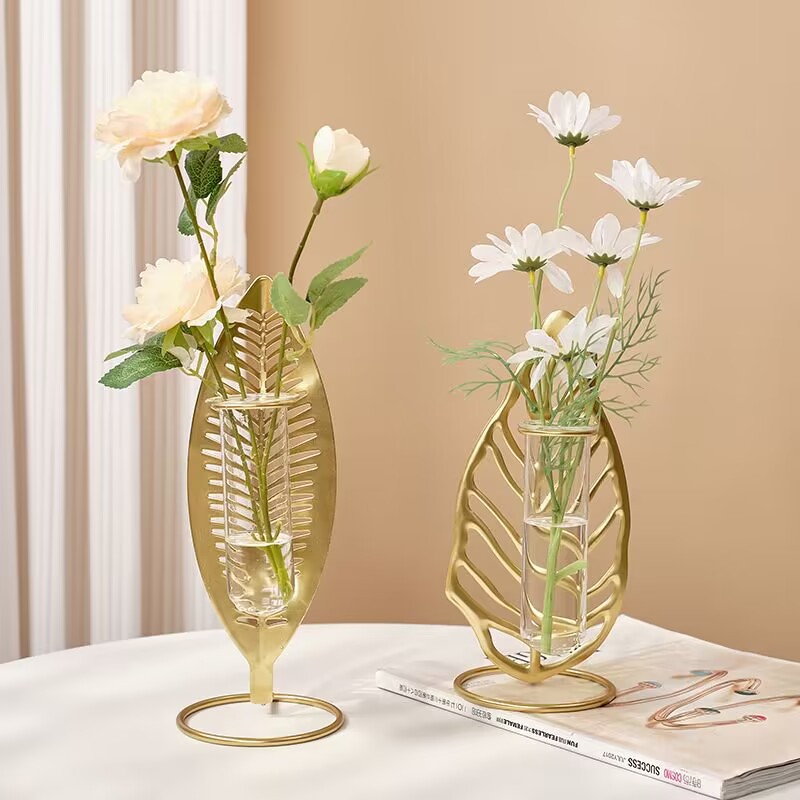 北欧玻璃水培绿萝摆件桌面客厅房间插花花瓶铁艺家居水培植物瓶