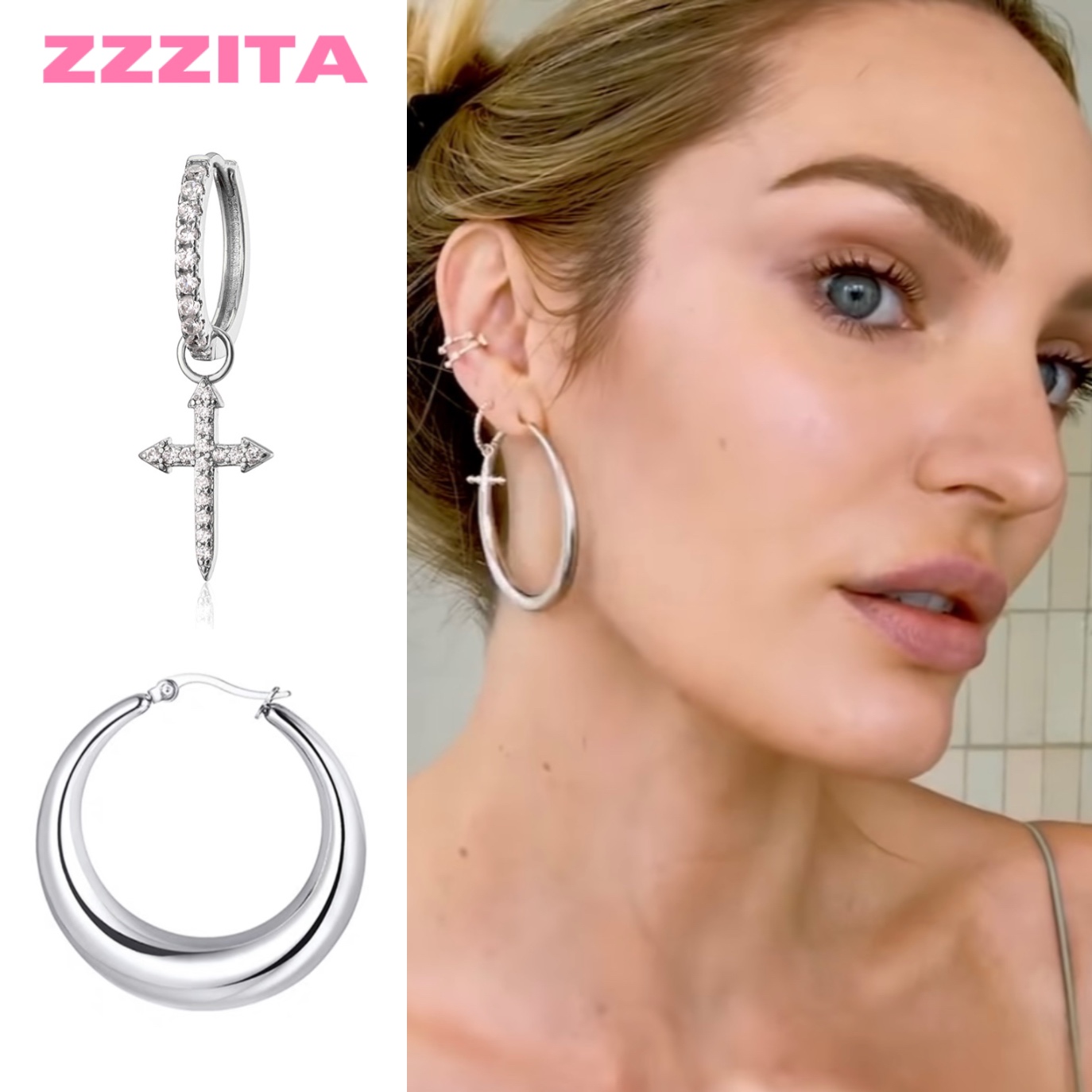 zzzita欧美十字架闪钻银针耳环