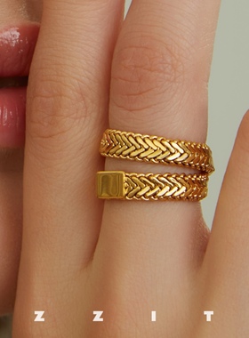 金色双层蛇骨链戒指欧美复古