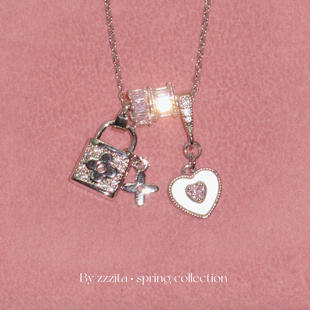 ZZZITA 恋恋笔记本～美式甜心银色闪钻爱心小锁项链设计感锁骨链